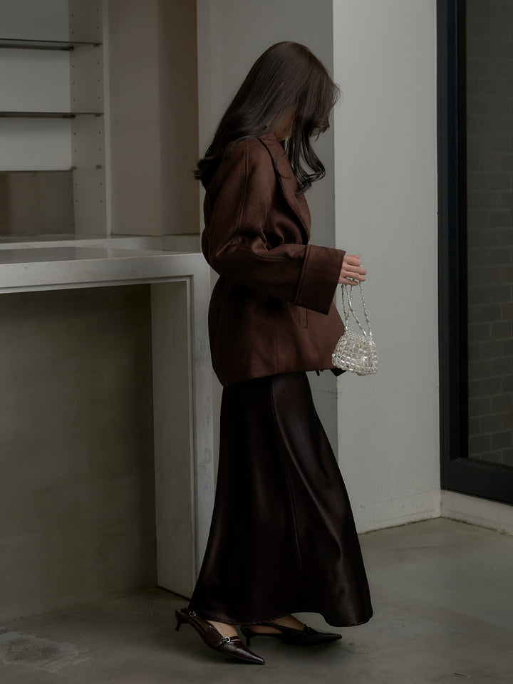 【SET】BIGカラースウェードジャケット+ナローAラインサテンスカート(2set)