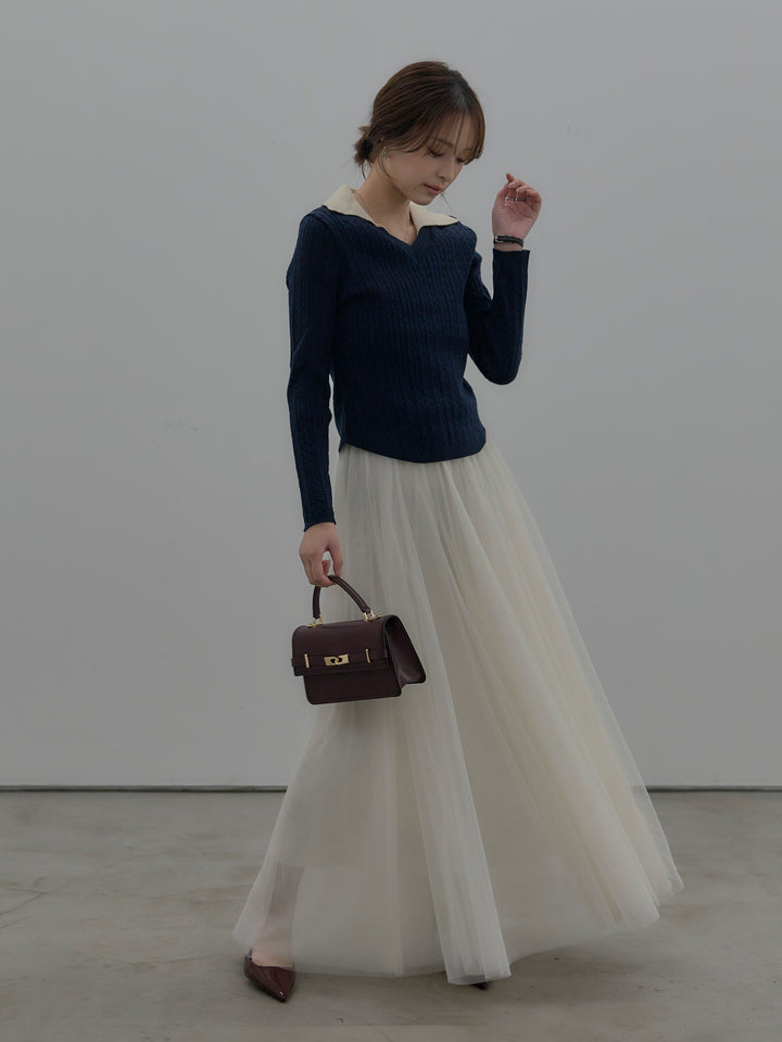 【SET】配色Vネックケーブルニットトップス+ボリュームチュールスカート(2set)