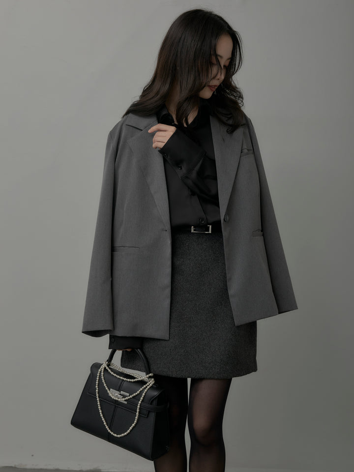 【SET】【Essential】ボックスシルエットテーラードジャケット+【Essential】ウールタッチミニスカート(2set)