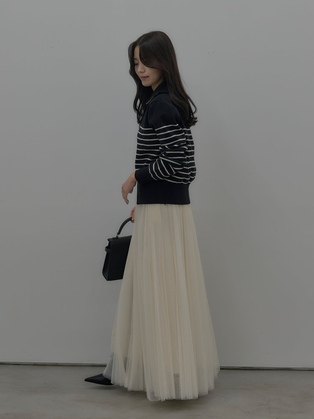 【SET】ダブルZIPハイネックボーダーニットトップス+ボリュームチュールスカート(2set)