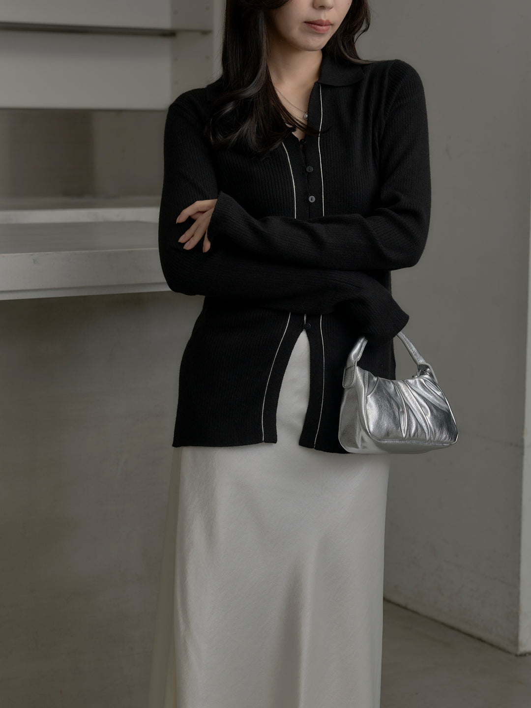 リブ配色ラインポロニットカーディガン