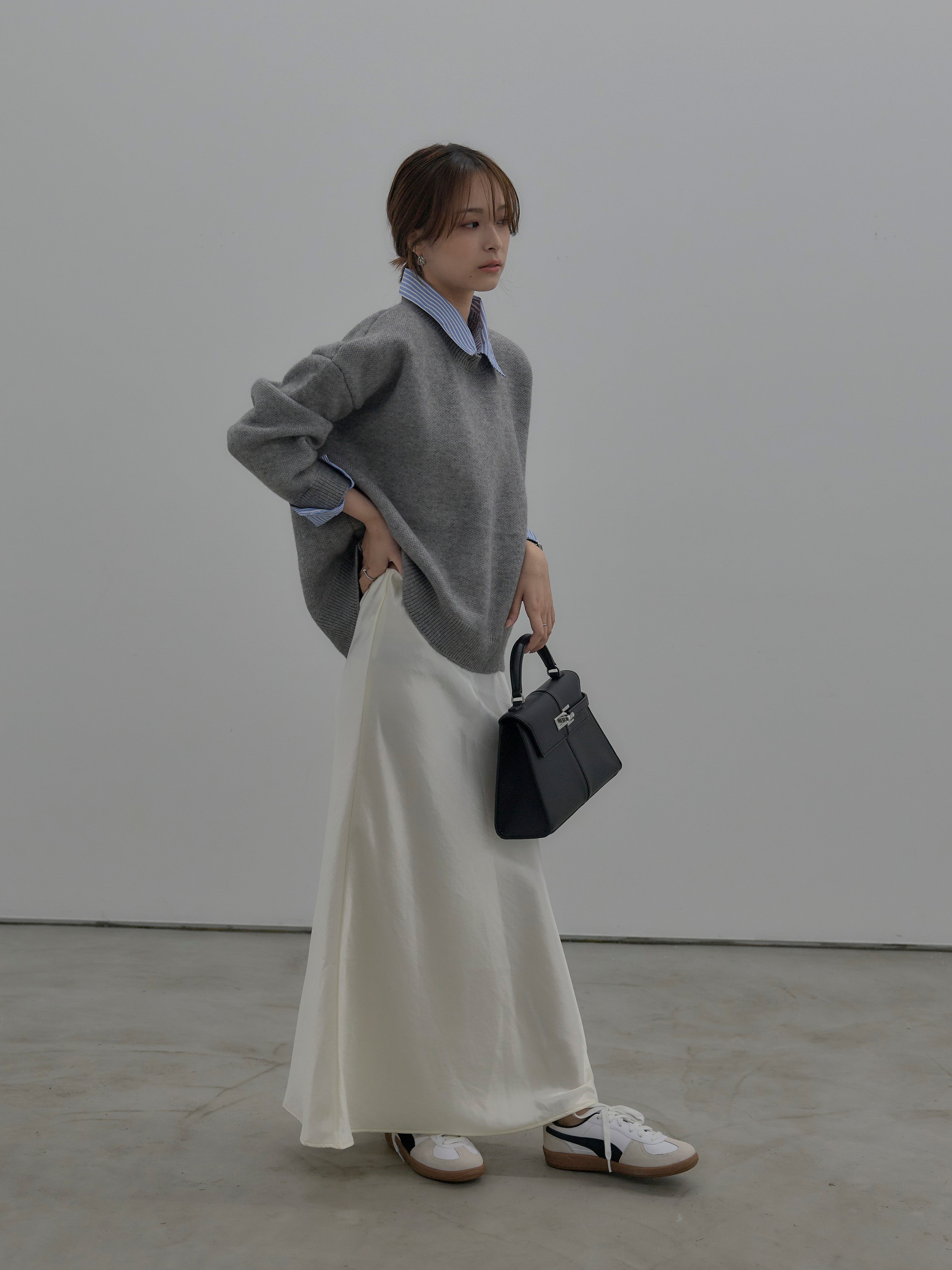 SET】シャツドッキング肉厚ニットプルオーバー+ナローAラインサテン