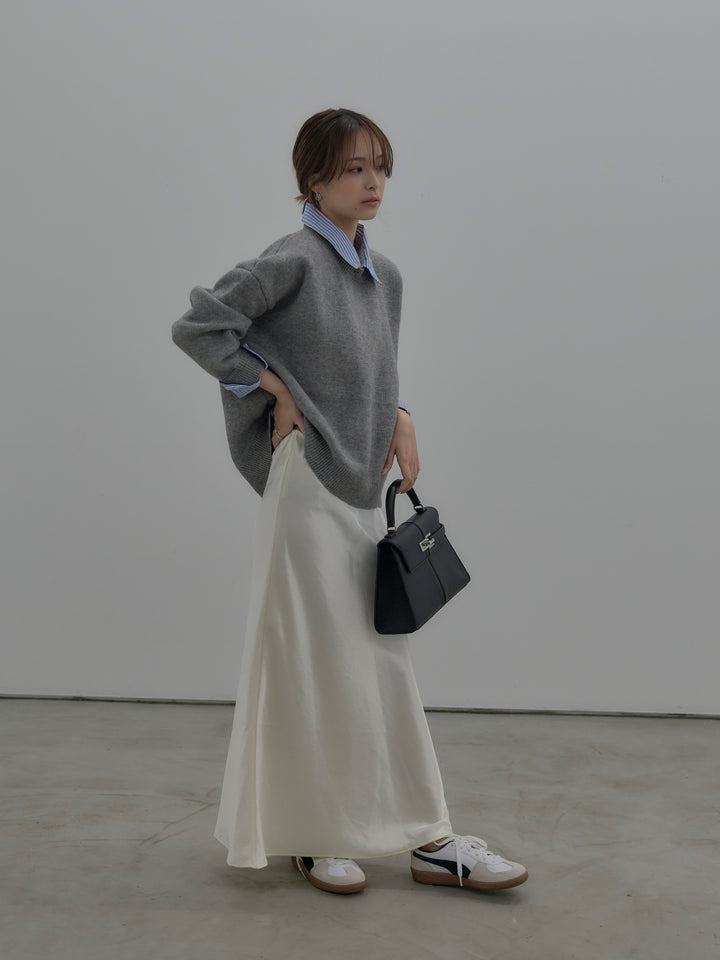 【SET】シャツドッキング肉厚ニットプルオーバー+ナローAラインサテンスカート(2set)
