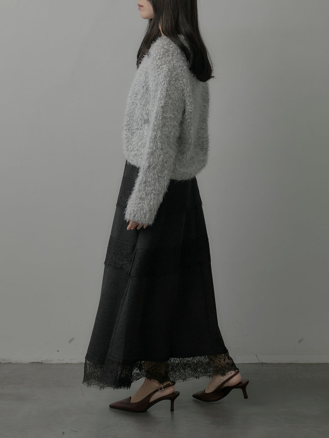 【SET】フェザーループニットカーディガン+レースデザインフレアスカート(2set)