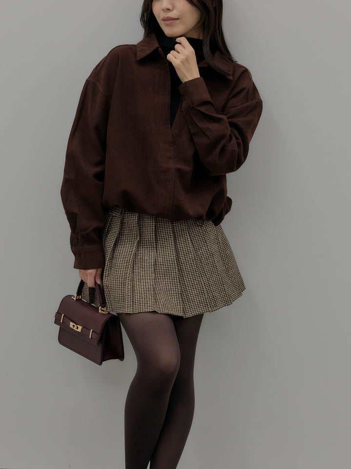【SET】ドッキングデザイン裾ドロストスエードシャツ+ハウンドトゥースプリーツミニスカート(2set)