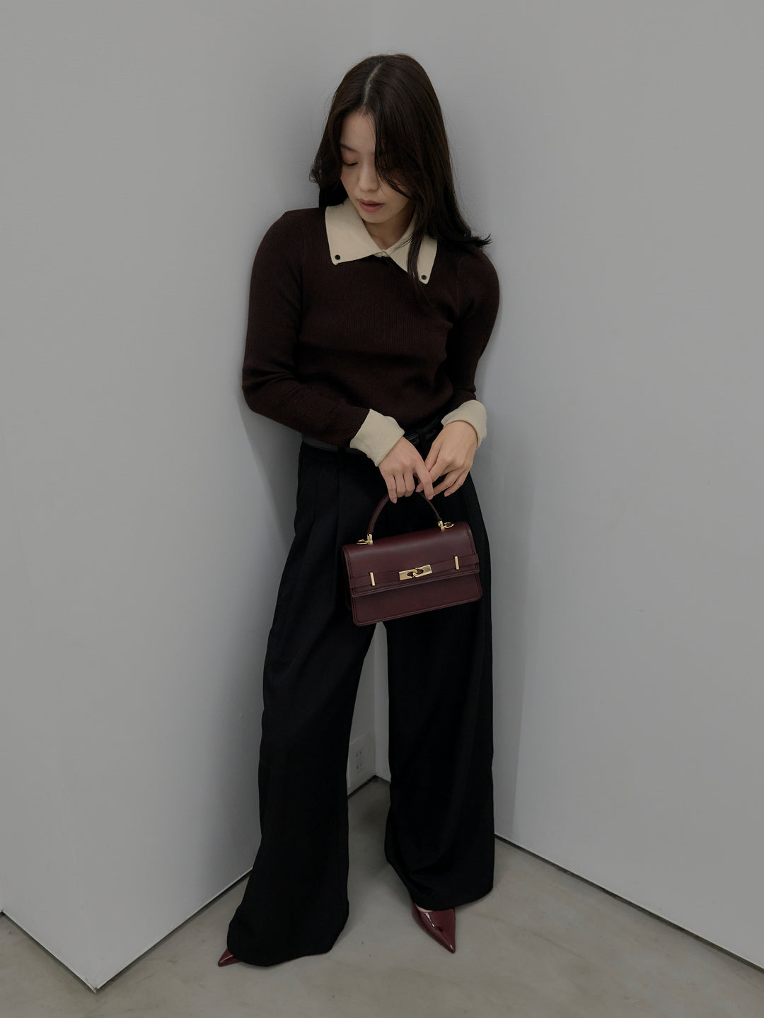 【SET】配色カフスニットポロ+デザインタックワイドパンツ(2set)