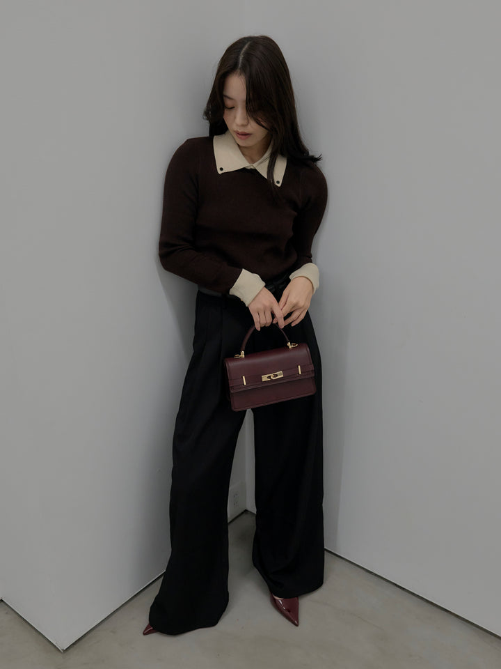 【SET】配色カフスニットポロ+デザインタックワイドパンツ(2set)