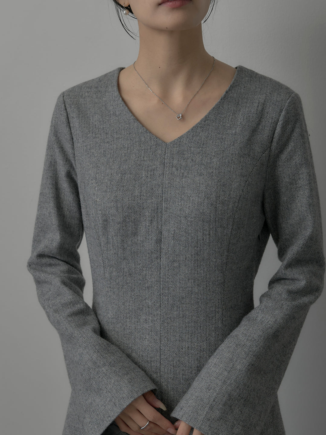 【Essential】2wayスリーブヘリンボーンフレアワンピース