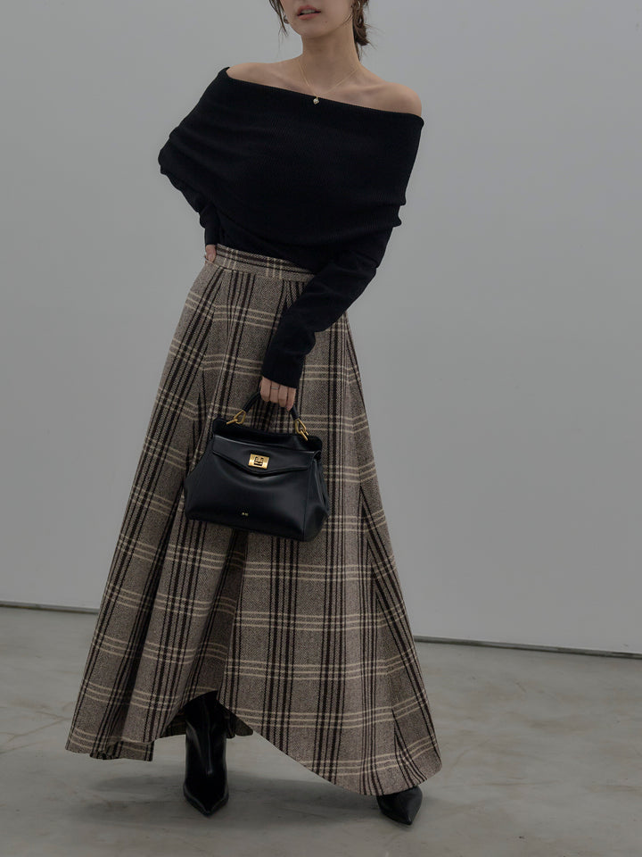 【SET】【premium touch】ソフトリブオフショルニットトップス+【Essential】クラシカルチェックウールタッチスカート(2set)