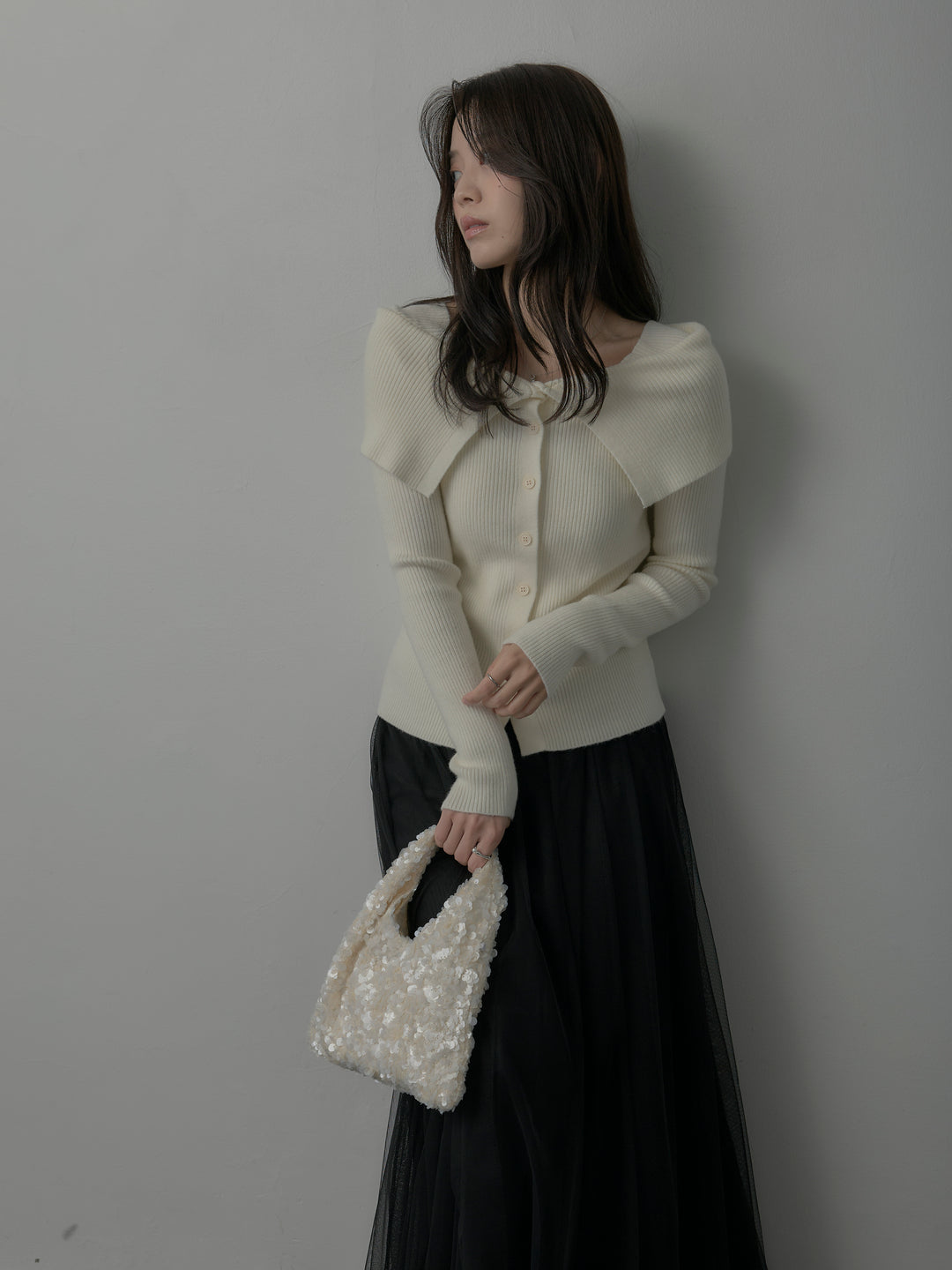 【SET】オフショルライクリブニットトップス+ボリュームチュールスカート(2set)