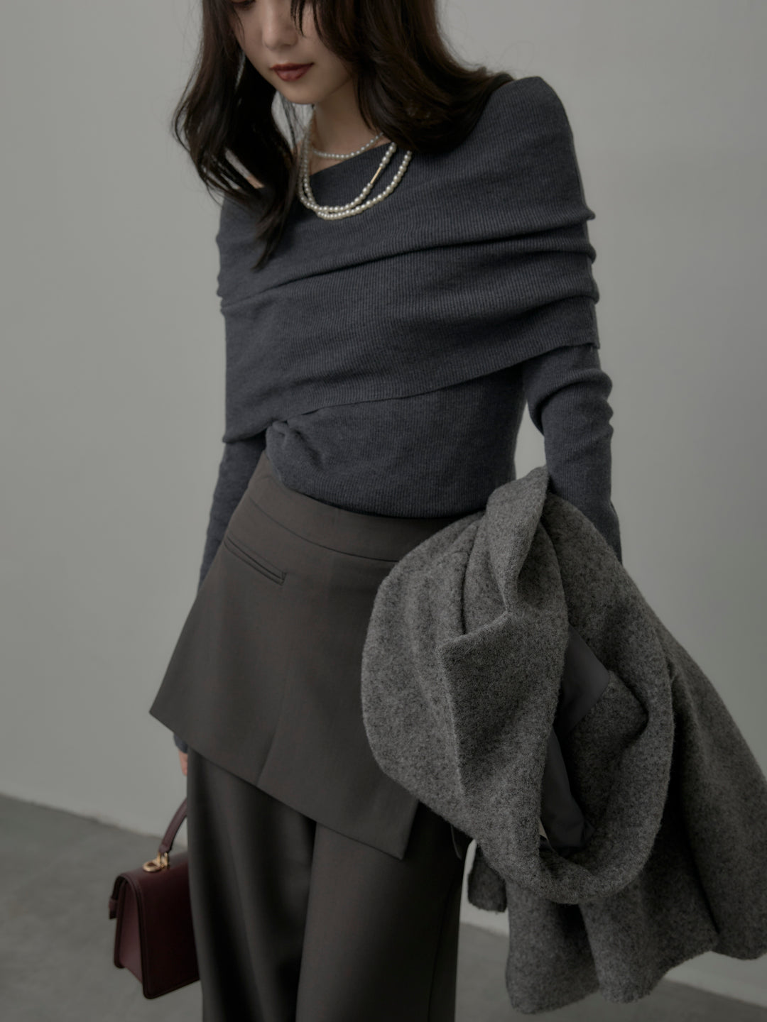 【SET】オフショルリブニットトップス+ラップワイドパンツ(2set)