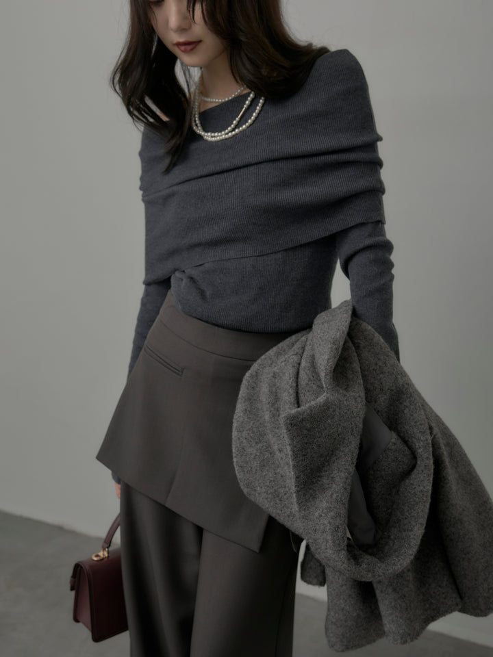 【SET】オフショルリブニットトップス+ラップワイドパンツ(2set)