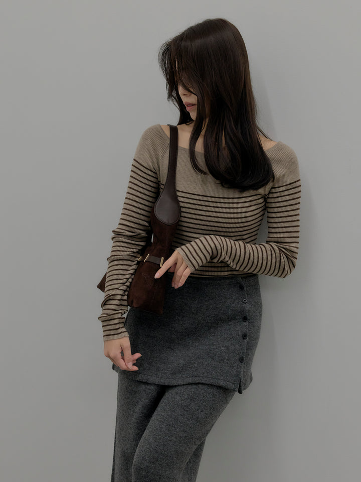 【SET】ハーフボーダーニットトップス+ミックスヤーンニットラップパンツ(2set)