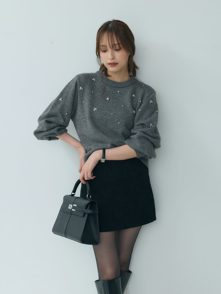 【SET】ビジューニットトップス+ベロアミニスカート(2set)