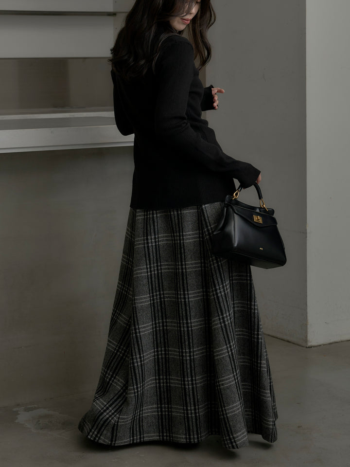 【SET】リブ配色ラインポロニットカーディガン+【Essential】クラシカルチェックウールタッチスカート(2set)