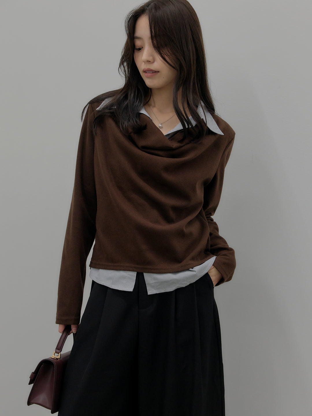 【SET】シャツレイヤードドレープニットトップス+デザインタックワイドパンツ(2set)