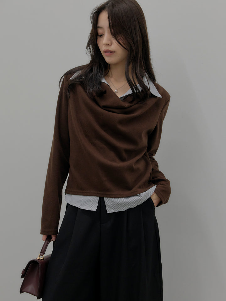 【SET】シャツレイヤードドレープニットトップス+デザインタックワイドパンツ(2set)