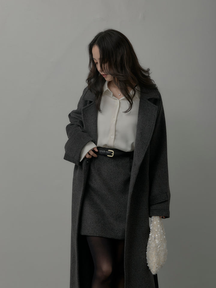 【SET】【Essential】ソフトウールリバートレンチコート+ケープ付きオーバーサテンシャツ+【Essential】ウールタッチミニスカート(3set)
