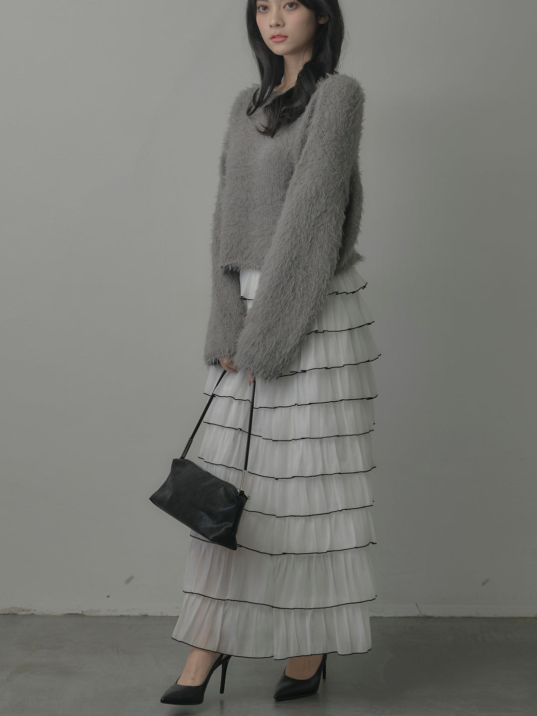 【SET】襟デザインシャギーニットトップス+バイカラーフリルチュールスカート(2set)