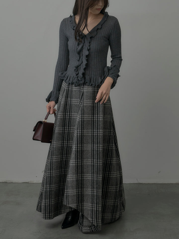 【SET】Vネックフリルデザインニットトップス+【Essential】クラシカルチェックウールタッチスカート(2set)