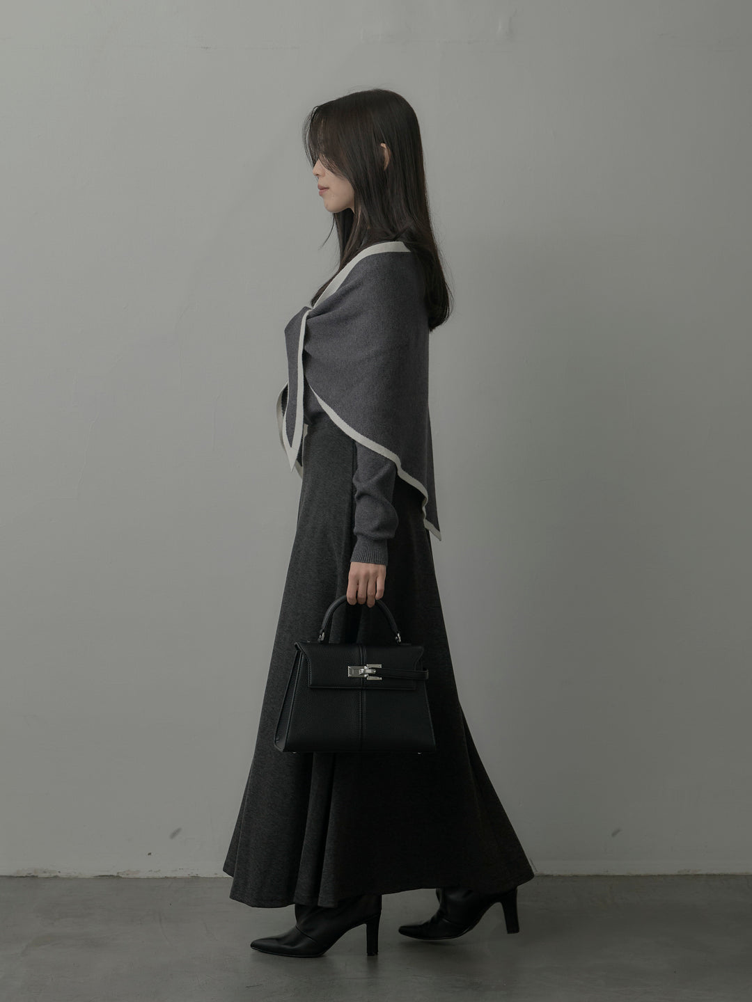 【SET】配色スカーフ付きニットトップス+リラクシーフレアロングスカート(2set)