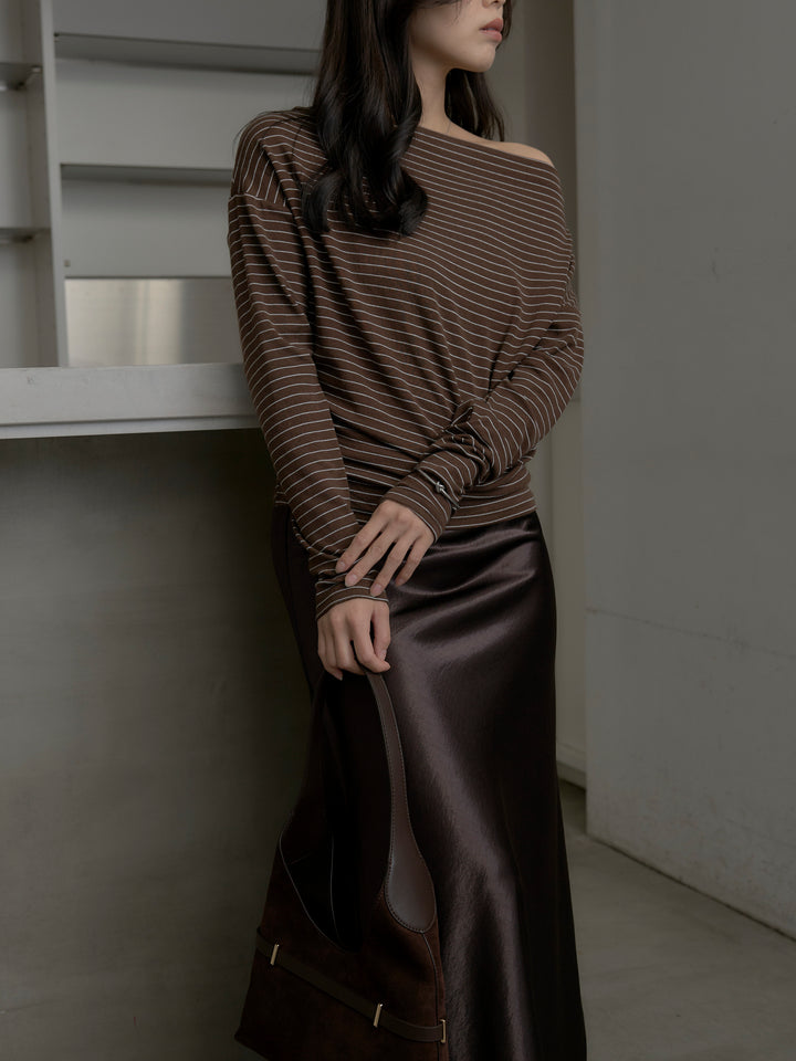 【SET】2wayショルダーボーダートップス+ナローAラインサテンスカート(2set)