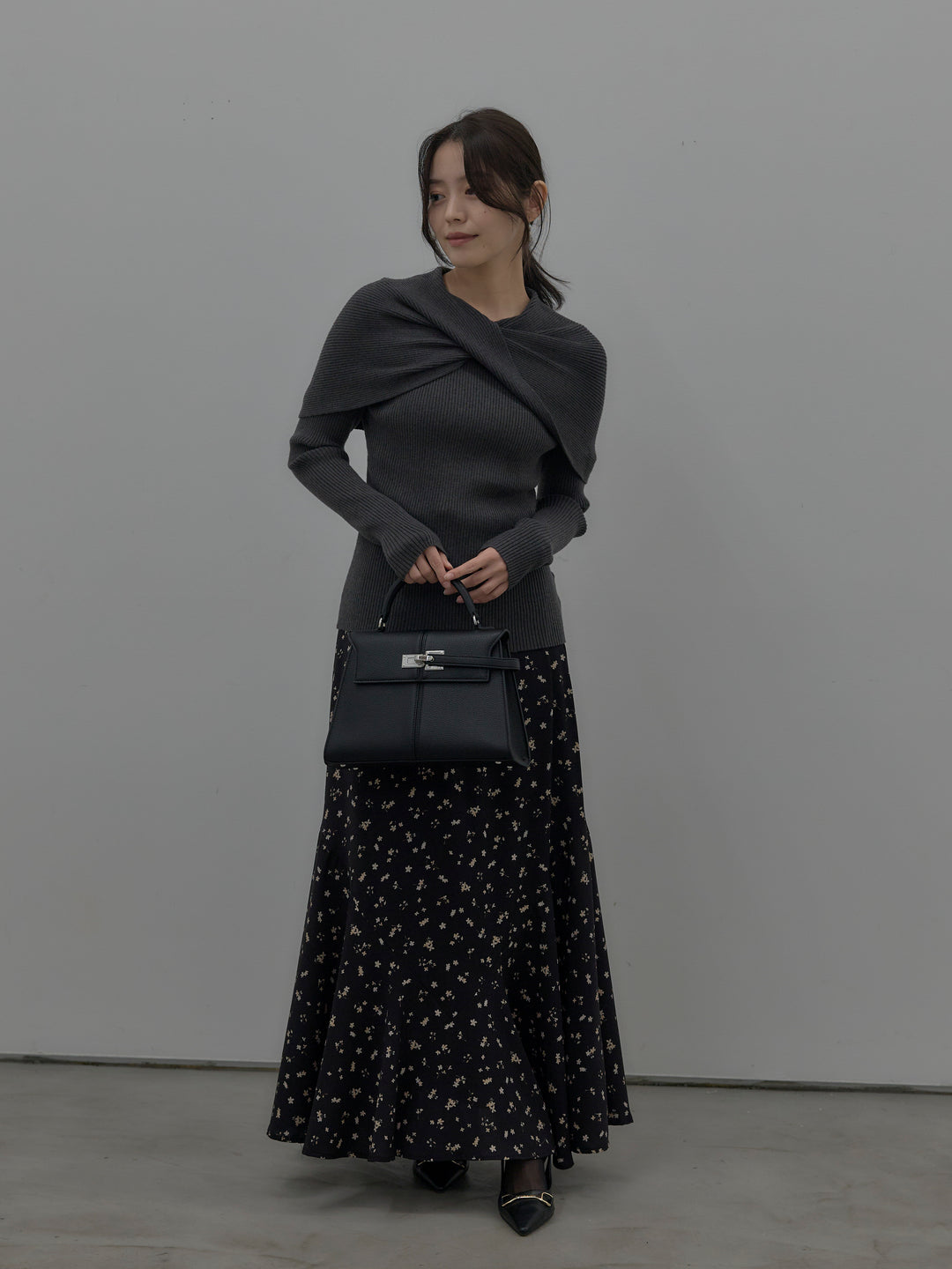 【SET】ケープライクデザインリブニットトップス+フラワーパターンマーメイドフレアスカート(2set)