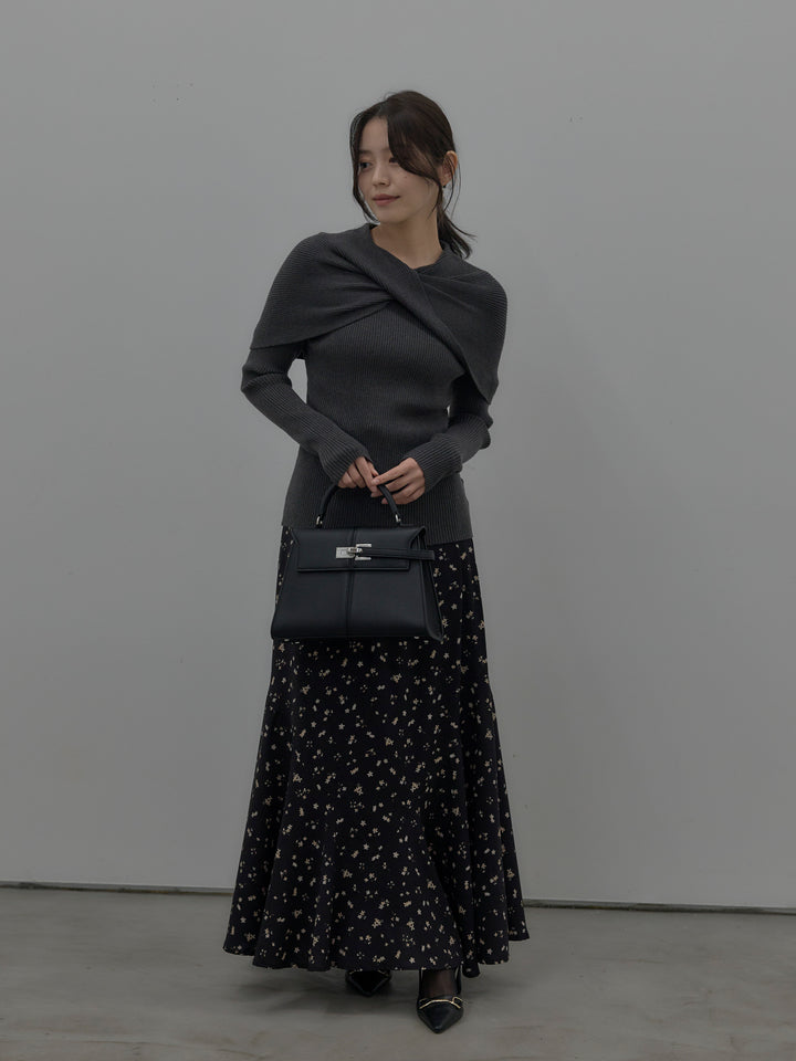 【SET】ケープライクデザインリブニットトップス+フラワーパターンマーメイドフレアスカート(2set)