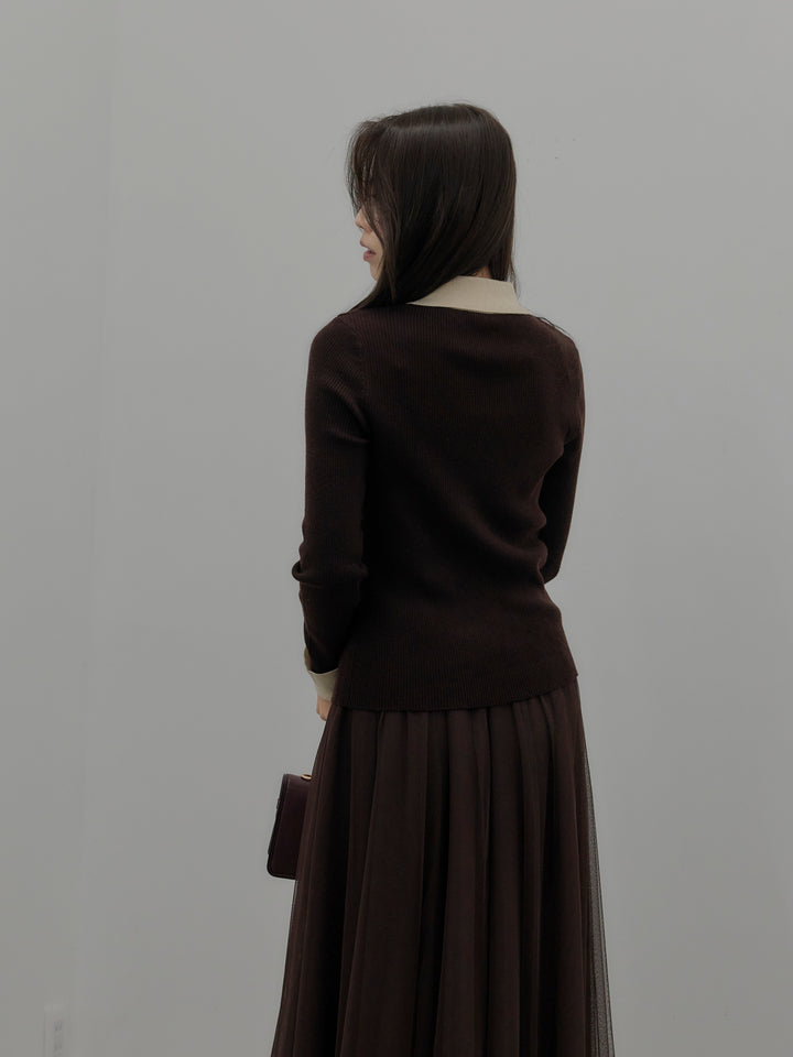 【SET】配色カフスニットポロ+ボリュームチュールスカート(2set)