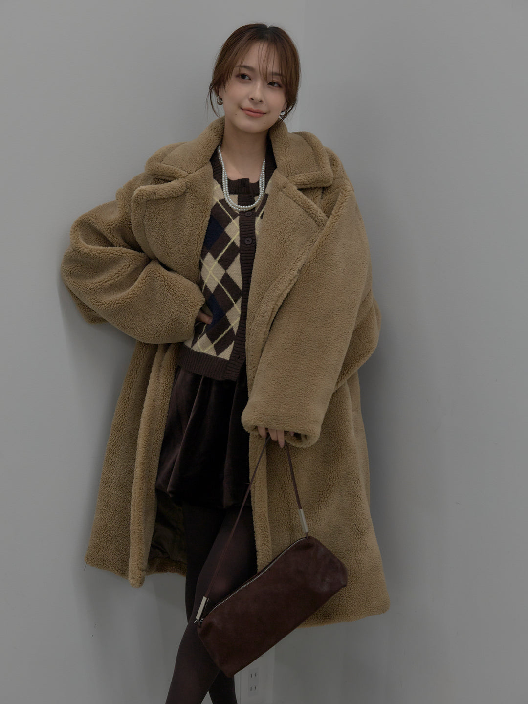 【SET】テディボアロングコート+ベロアバルーンミニスカート(インパン付き)(2set)