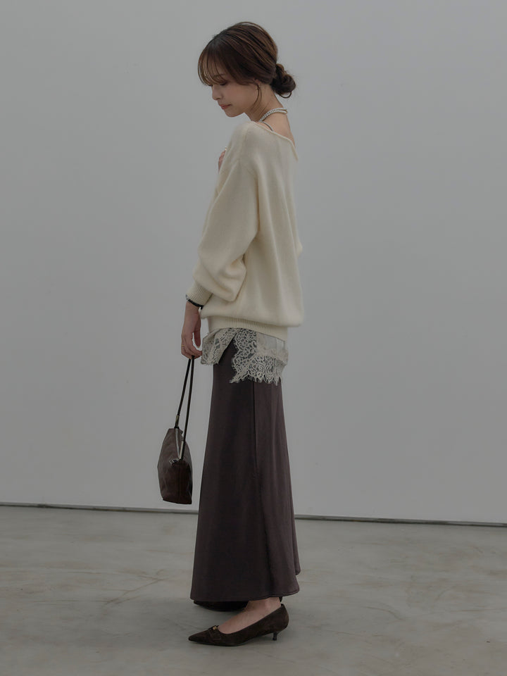 【SET】【premium touch】2wayショルダーニットプルオーバー+ナローAラインサテンスカート(2set)