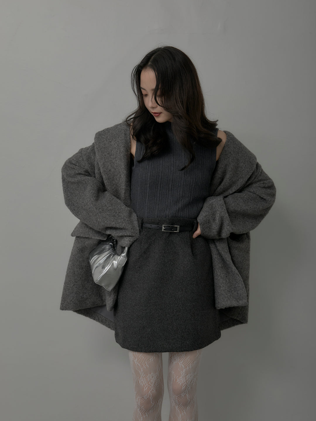 【SET】【Essential】オーバーサイズジャケットコート+プチハイネックリブニットタンク+【Essential】ウールタッチミニスカート(3set)