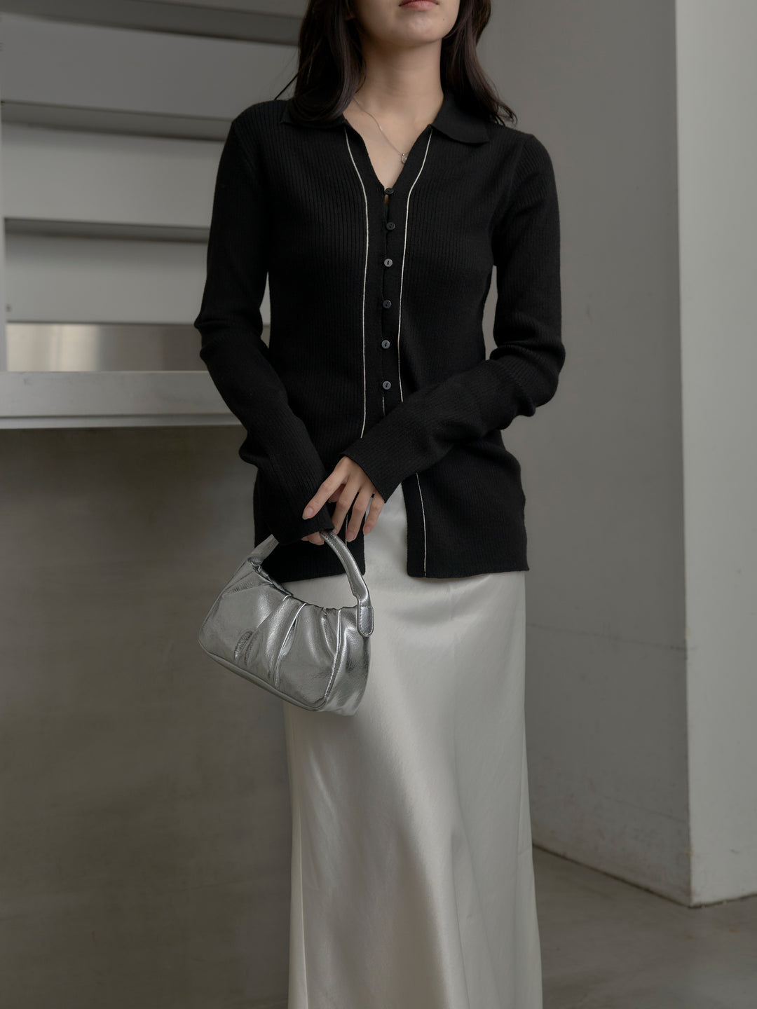 【SET】リブ配色ラインポロニットカーディガン+ナローAラインサテンスカート(2set)