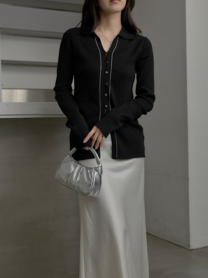 【SET】リブ配色ラインポロニットカーディガン+ナローAラインサテンスカート(2set)