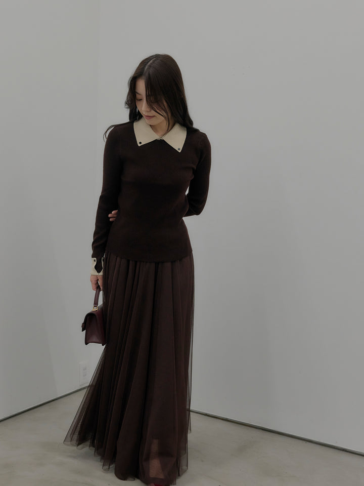 【SET】配色カフスニットポロ+ボリュームチュールスカート(2set)