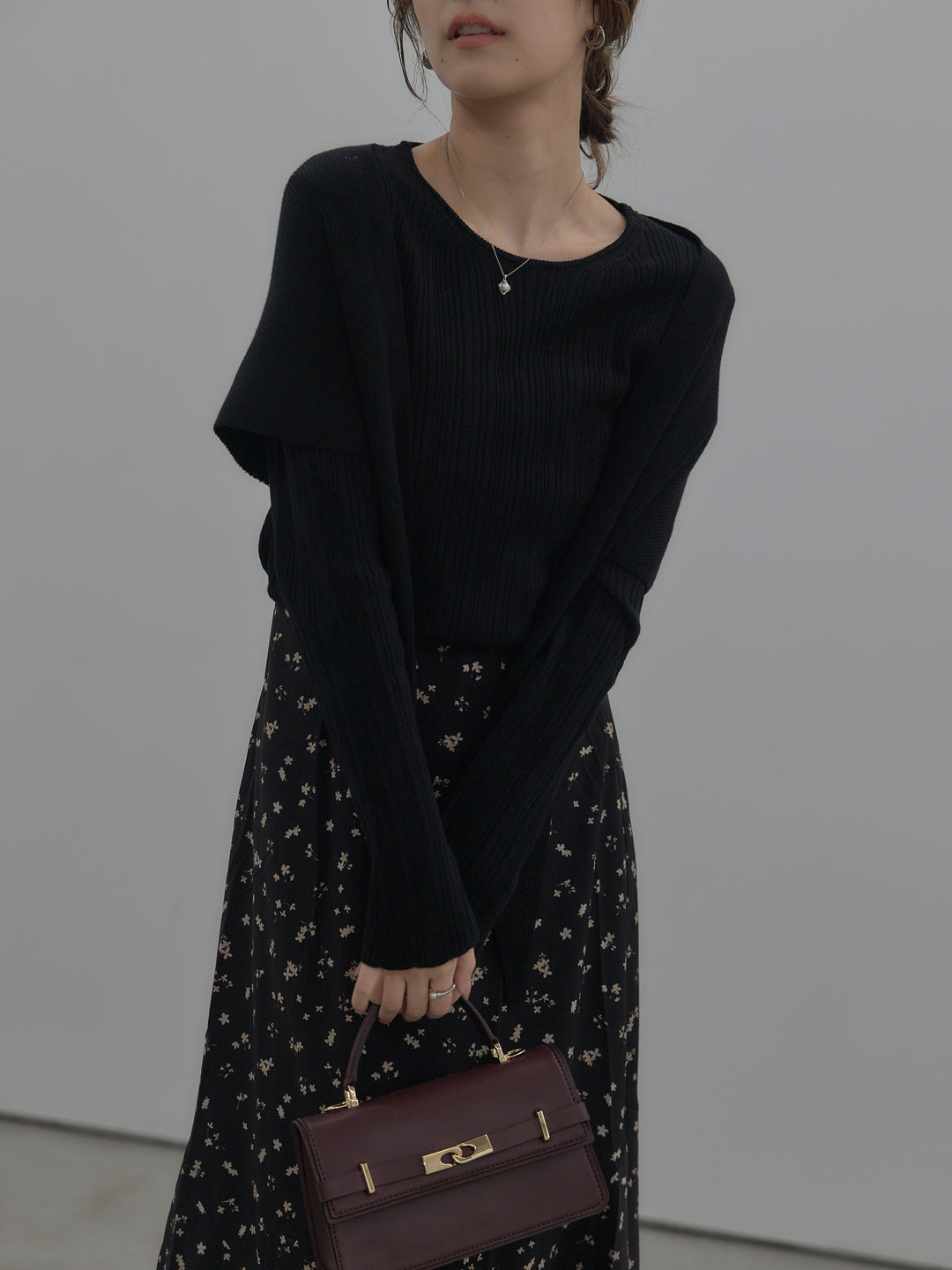 ニットスカーフ付きリブニットトップス