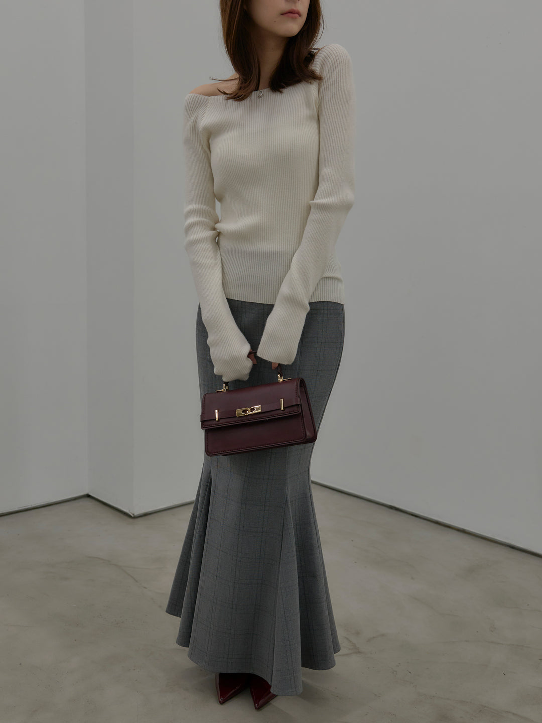 【SET】キルティングライナーウールミディアムコート+【Essential】チェック柄マーメイドスカート(2set)