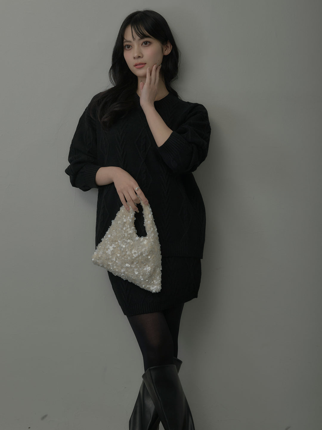 デザイン編みニットトップス&ミニスカート SET UP