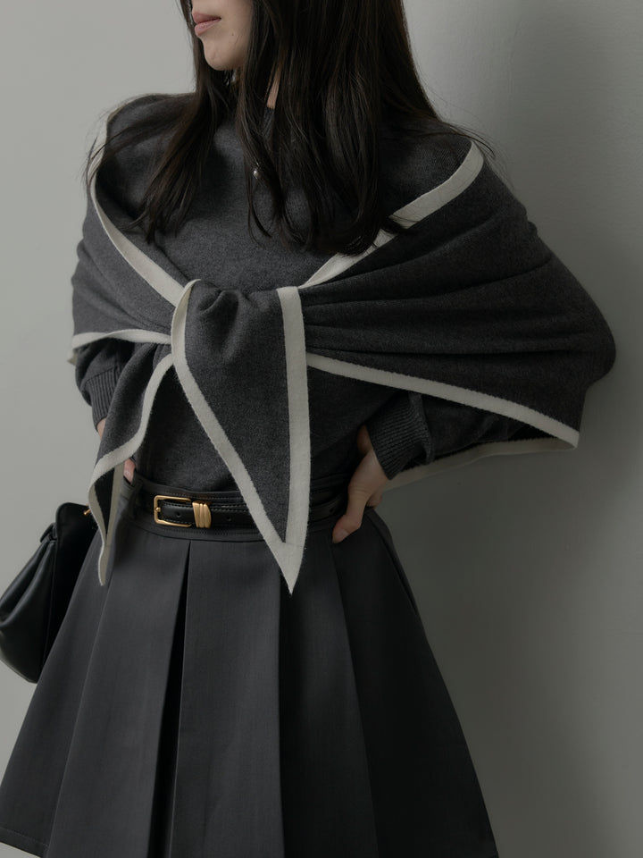 【SET】配色スカーフ付きニットトップス+ベルト付きプリーツミニスカート(2set)