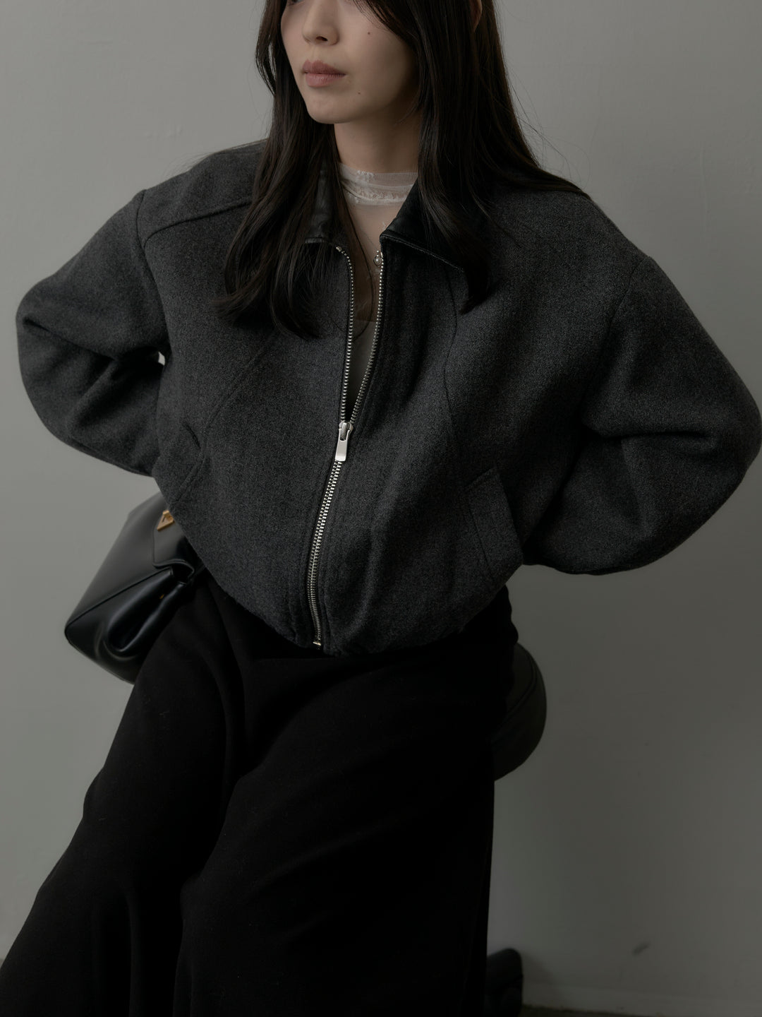 レザー襟ウール混ジップアウター