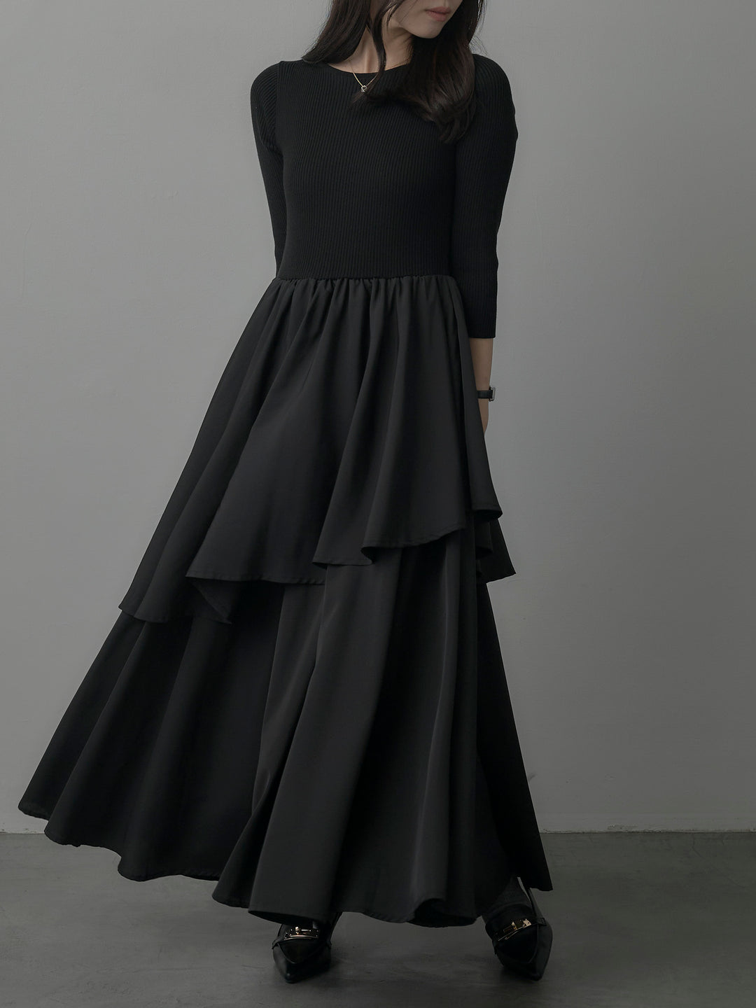 【Essential】7部袖リブドッキングワンピース