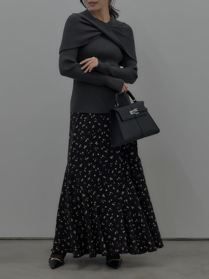 【SET】ケープライクデザインリブニットトップス+フラワーパターンマーメイドフレアスカート(2set)