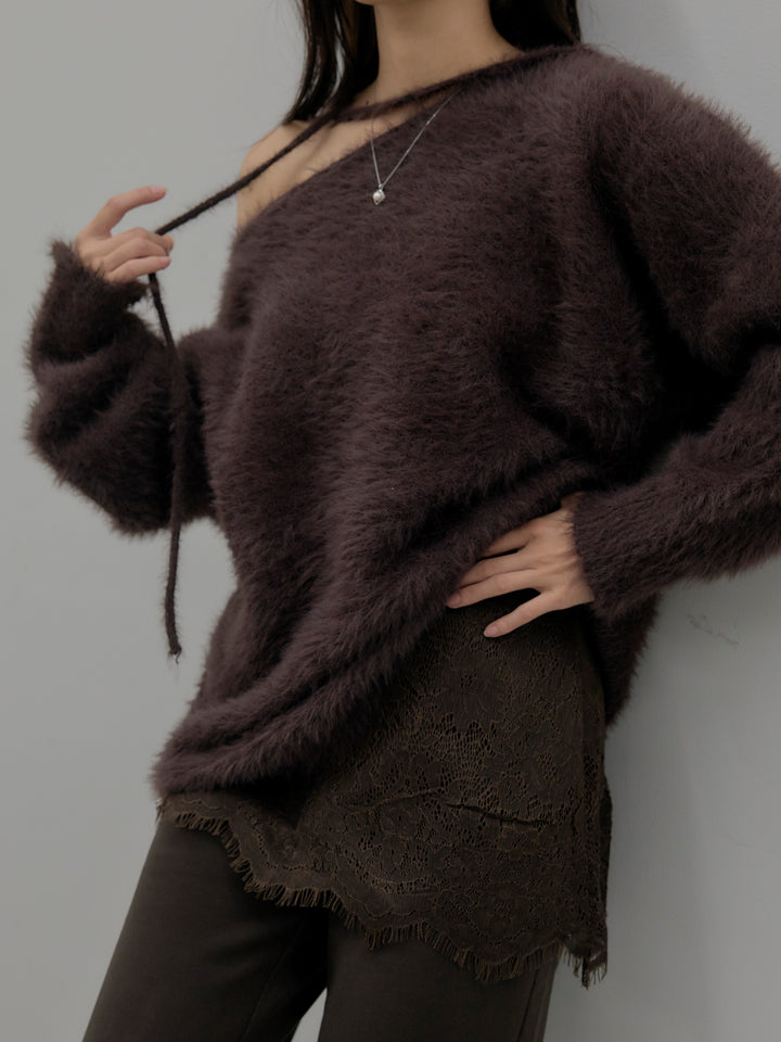 ネックリボンワンショルダーシャギーニット