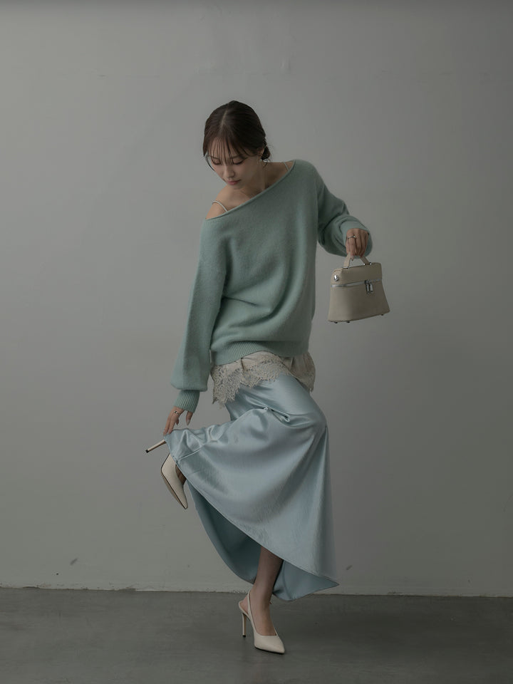 【SET】【premium touch】2wayショルダーニットプルオーバー+レースサテンキャミソール+ナローAラインサテンスカート(3set)