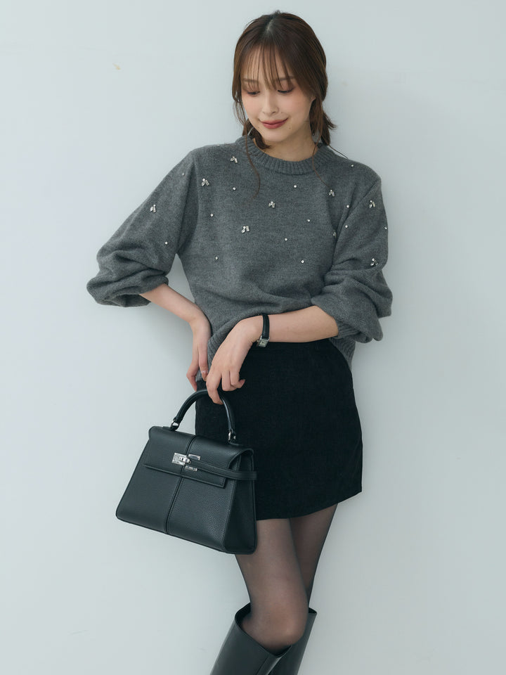 【SET】ビジューニットトップス+ベロアミニスカート(2set)