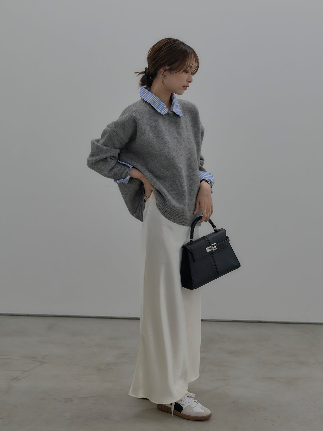 【SET】シャツドッキング肉厚ニットプルオーバー+ナローAラインサテンスカート(2set)