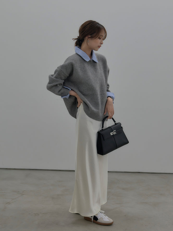 【SET】シャツドッキング肉厚ニットプルオーバー+ナローAラインサテンスカート(2set)