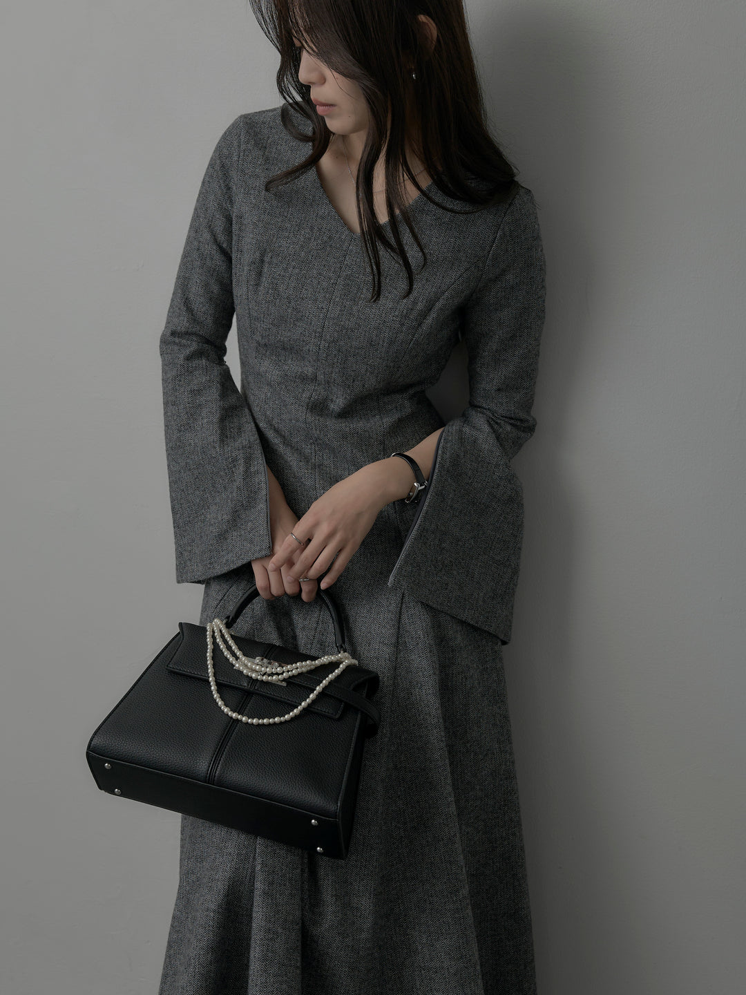 【Essential】2wayスリーブヘリンボーンフレアワンピース