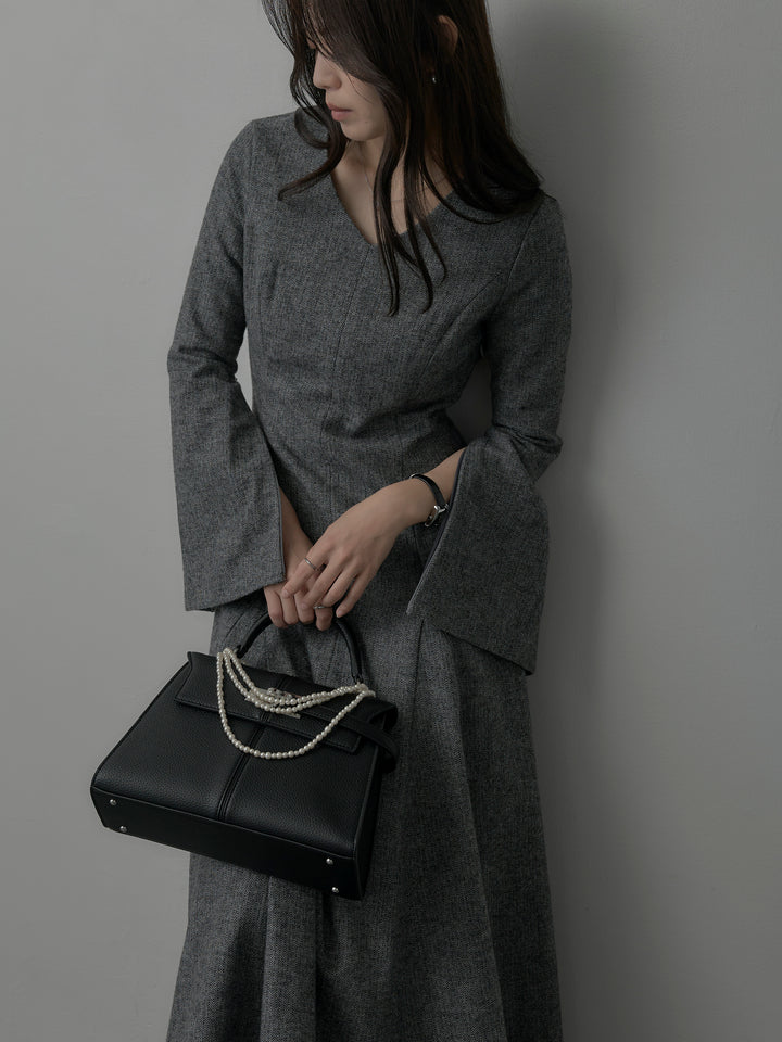 【Essential】2wayスリーブヘリンボーンフレアワンピース