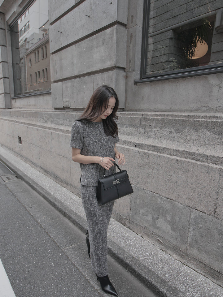 【SET】【Essential】ツイードハーフスリーブトップス+【Essential】ツイードペンシルスカート(2set)